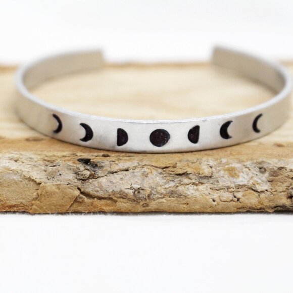 Moon Phases Bangle - Hand Stamped Anodized Aluminum Bangle - Adjustable - Picture 7 of 11